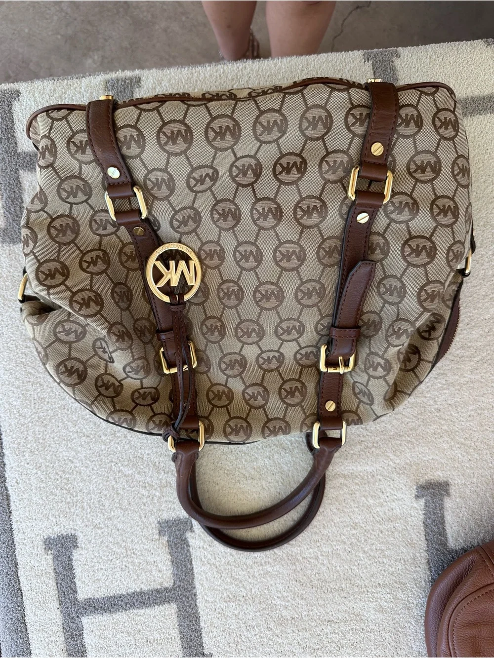 Michael Kors Beige and Brown MK Logo Satchel with Gold Hardware